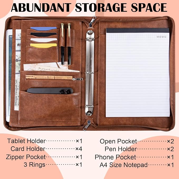 Calfinder Personalized Padfolios Portfolio Binder,3 Ring Leather Binder with Zipper,Professional Padfolios for Women&Men, Portfolio Organizer for Business,Work,School