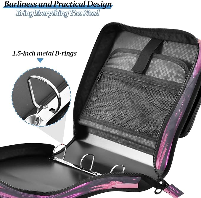 ALAZA Zipper Binder 3 Ring Glowing Love Heart Axolotl Binder Organizer with Zipper and Shoulder Strap Large Capacity Multi-Pocket Trapper Keeper File Folder for Office Supplies