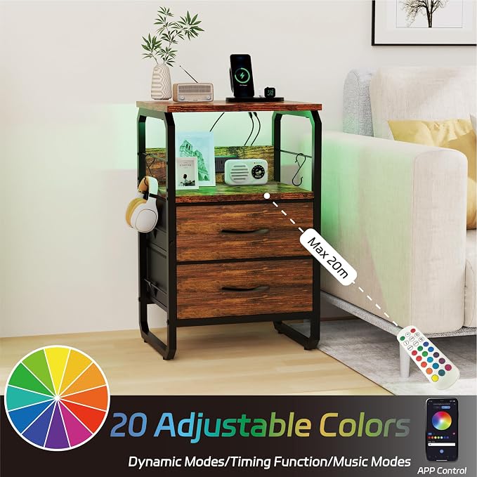 runjuly Small End Table with LED Light, Charging Station, and Hooks, Brown | 2 Fabric Drawers Storage, Type C & USB Ports & Power Outlets, Industrial Wood, Metal Nightstand for Living Room / Bedroom