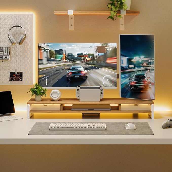 Fenge Dual Monitor Stand Riser, 42.5in Desk Shelf with 2 Drawers, Dark Oak | 2-Tier Monitor Shelf for Desk, Storage Drawer with Stopper, Frosted, fit Home Office, Ultrawide Screen, PC, Laptop, TV