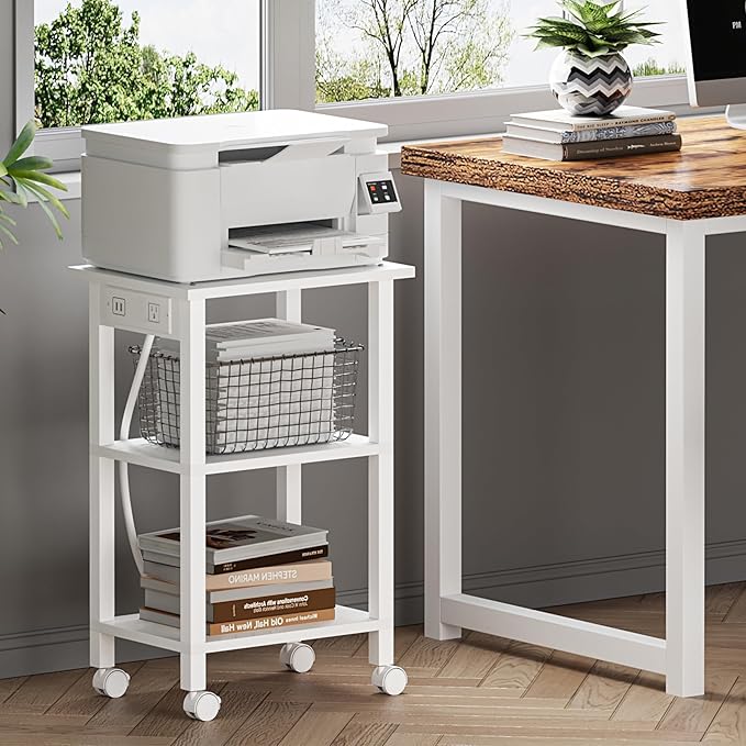 TUTOTAK Printer Stand, 3 Tier Rolling Printer Cart with Charging Station | Small Under Desk Printer Table with Wheels for Small Space, Office, Home, White PS02BW001