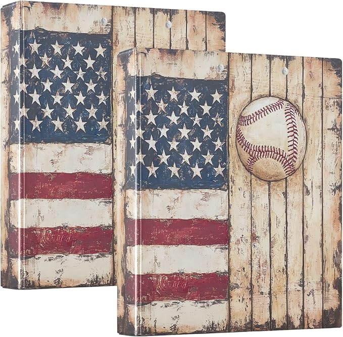 Retro American Flag Baseball Round Ring Binders 1.5 Inch Softball Wooden Background 3 Ring Clipboard Binder for Office School Work Supplies File Folder 200 Sheet Capacity 2 Pieces