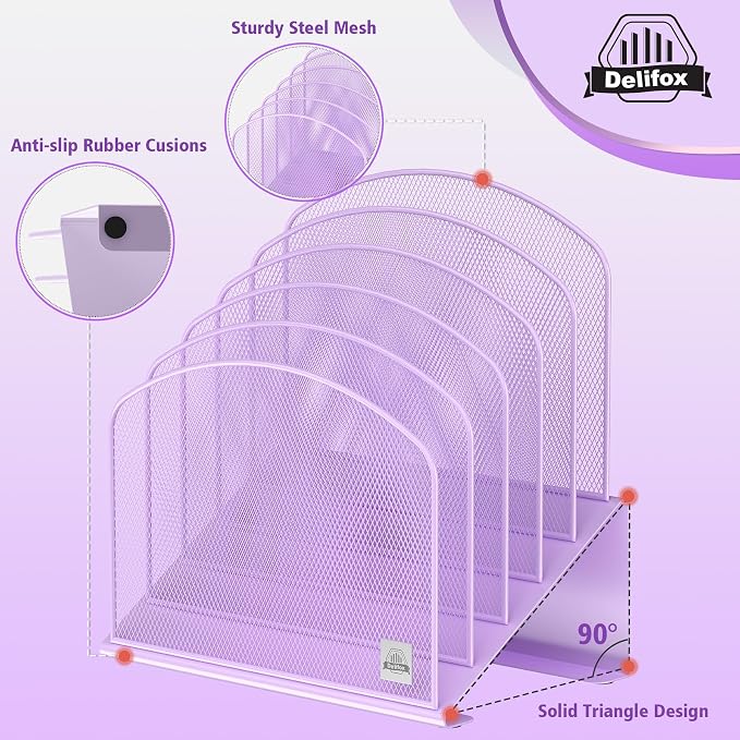 Delifox Inclined Desk File Organizer,Vertical File Folder Holder Stand Metal Rack File Sorter for Office Classroom Desktop Organization (2, Purple, 5)