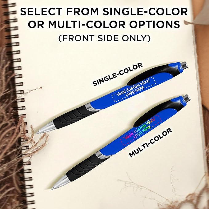 DISCOUNT PROMOS Ballpoint Pens With Rubber Grip - 10 pack - Customizable Text, Logo - Black Ink Ball Point Pen with Soft Touch Plastic - Blue