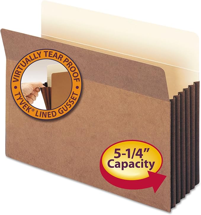 Smead File Pocket with Fully-Lined Gusset, Straight-Cut Tab, 5-1/4" Expansion, Letter Size, Redrope, 10 per Box (73274)
