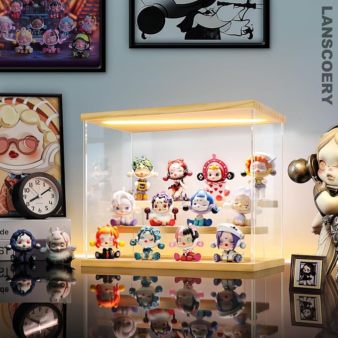 LANSCOERY Acrylic Display Case for Collectibles, 3-Tier LED Light, Wood | 3mm clear acrylic panels with front door access and tri-color top light for small figures on a desk or shelf.