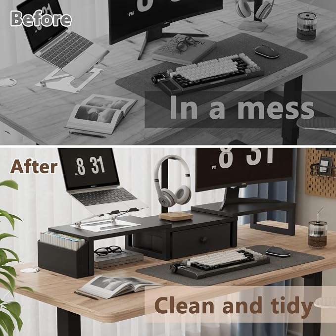 LAND·VOI Dual Monitor Stand with Drawer and Side Pockets, Monitor Riser for Desk, Home Office Desk Storage, Multi-Scenario Adaptation for Work and Entertainment, Black, HMS02BK