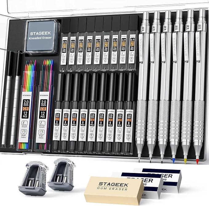 STAGEEK 35PCS Mechanical Pencil Set, 0.5 0.7 0.9 2.0mm Art Pencils, Silver | 384PCS Lead Refills (6B 4B 2B HB 2H 4H Colors),Sharpener, Erasers,Technical Drawing Kit for Writing, Sketching and Drafting
