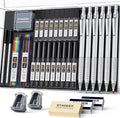 STAGEEK 35PCS Mechanical Pencil Set, 0.5 0.7 0.9 2.0mm Art Pencils, Silver | 384PCS Lead Refills (6B 4B 2B HB 2H 4H Colors),Sharpener, Erasers,Technical Drawing Kit for Writing, Sketching and Drafting