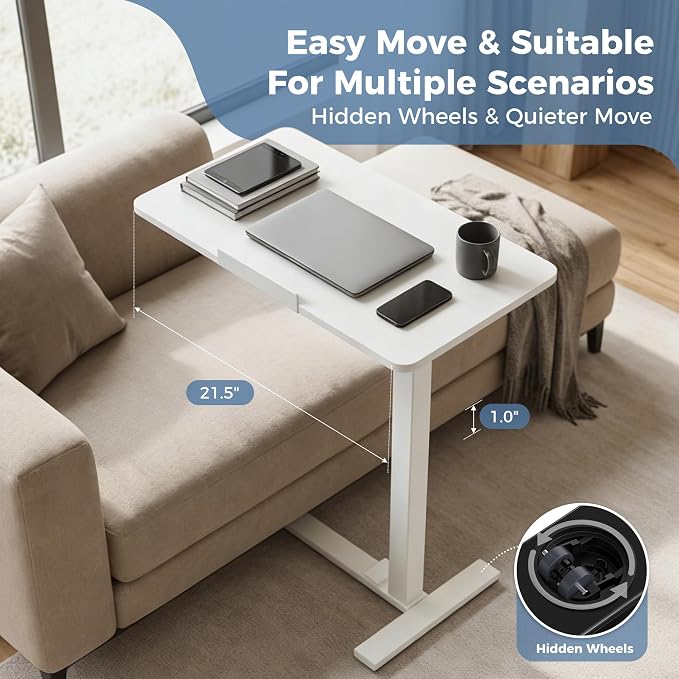 DUMOS Overbed Table with Wheels, Height-Adjustable Bedside Table, White | Rolling standing desk with Pneumatic Lift, Portable mobile desk for Bed, Couch, Office, Sofa