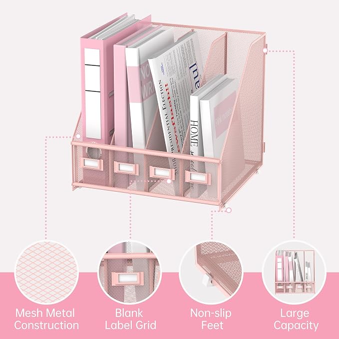 4-Compartment Magazine File Holder and File Organizer for Desk, Pink | Metal Magazine Holder and Magazine File Holder, 4-Compartment File Organizer for Binders Folders Magazines and Paper