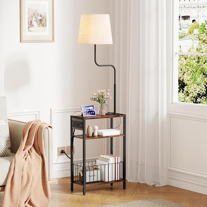 HavenlyYouth Floor Lamp with Table & Storage Baskets, End Table with 3 Color Temperatures LED Bulb, Nightstand with Charging Station, Shelves Side Table for Living Room, Bedroom, Office - Brown