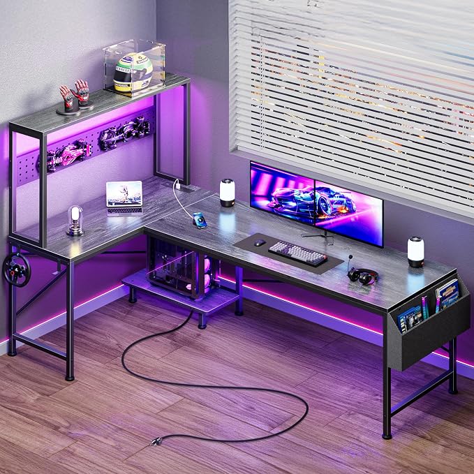 L Shaped Gaming Desk with LED Lights & Power Outlets | Reversible Computer Desk with Storage Shelves & Bag, Large Corner Home Office Desk with Pegboard for Work from Home, Grey