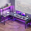 L Shaped Gaming Desk with LED Lights & Power Outlets | Reversible Computer Desk with Storage Shelves & Bag, Large Corner Home Office Desk with Pegboard for Work from Home, Grey