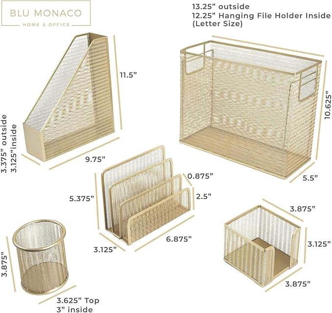 BLU MONACO | Gold Desk File Folder Organizer Set | Desktop Hanging File Organizer with Letter Size Holder | Hanging File Folders Organizer Office Accessories