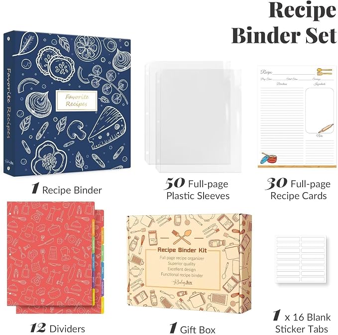 Recipe Binder with Plastic Sleeves, 8.5x11 3 Ring Blank Recipe Book Binder | Premium recipe binder kit with waterproof cover, sleeves, cards, dividers and gift box for preserving recipes-Gentian Blue.