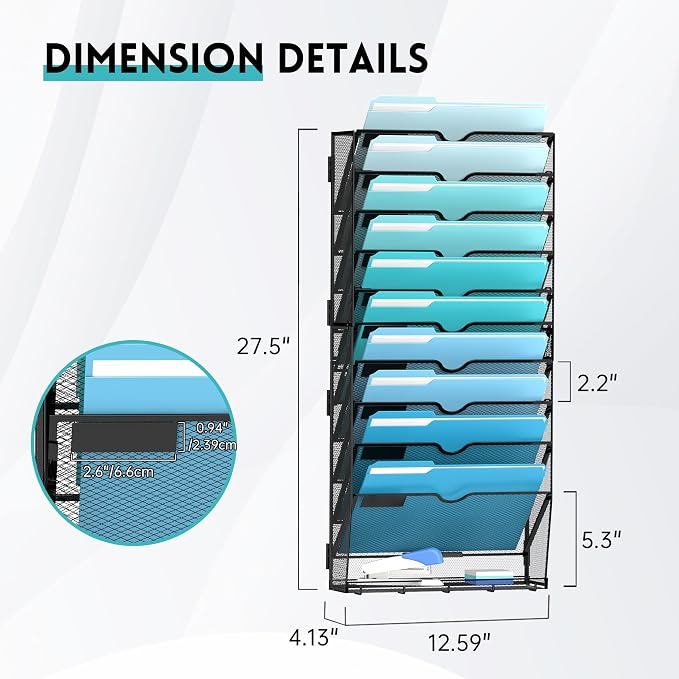 11-Tier Wall File Organizer and Mail Organizer with 5 Hooks, Black | Label slots, curved openings, 5 key hooks, and a bottom tray support organized mail, file, and everyday item storage.