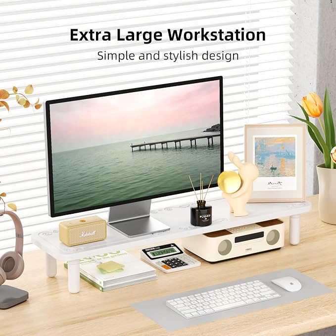 AFOOYO Dual Monitor Stand For Desk,31 Inch Adjustable Wood Computer Riser Desktop Storage Stand For Computer,Laptop,Printer,TV,White Scroll