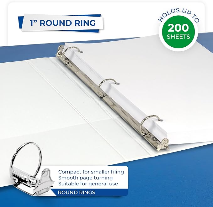 Samsill 1 Inch 3 Ring Binders, Economy Round Ring, Clear View Cover, 200 Sheet Capacity - for School, Home, Office - White, 24 Pack
