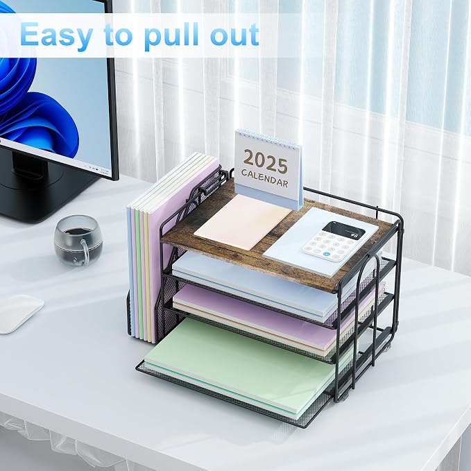Spacrea 4 Tier Paper Organizer for Desk with File Organizer | Desk Organizers and Accessories Desk Accessories & Workspace Organizers for Office Supplies (Wood)
