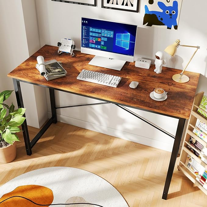 DUMOS 47 Inch Small Computer Desk, Gaming Desks for Home Office Bedroom | Modern Study Writing Work Table, Craft PC Desk Simple Workstation with Reinforcement Structure, Modern Rustic Brown