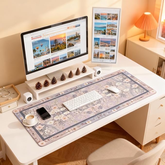 Floral Aesthetic Rose Gaming Mouse Pad, Purple Rug Desk Mat with Anti-Slip Base & Stitched Edges, Office & Home Desk Decor for Women, 35.4" x 15.7" in Computer Desktop Mat