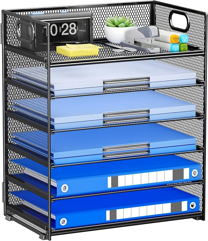 6-Tier Paper Organizer for Desk with Handle | Heavy Duty Metal File Organizer, Stackable Desktop Organizer for Office Supplies, Documents and Stationery Storage