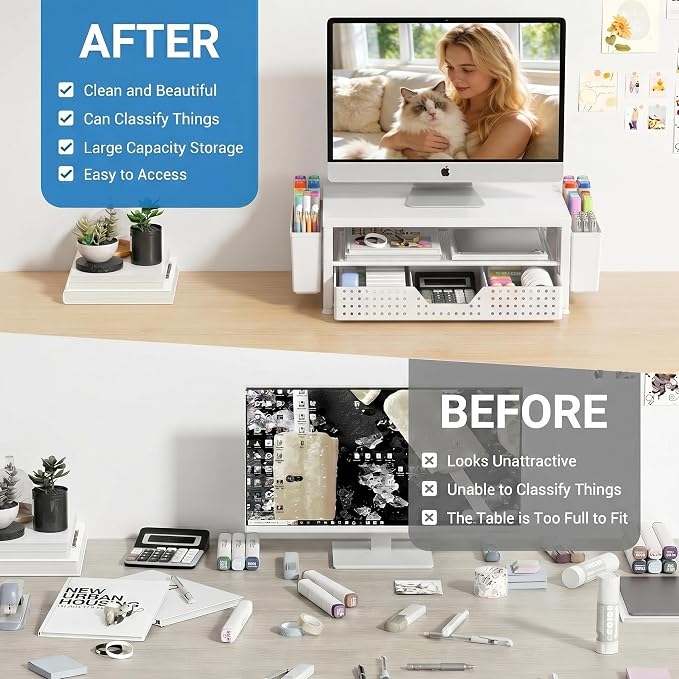 Desk Organizers and Accessories, Computer Monitor Stand Riser with Drawer and 2 Pen Holders, Printer & Laptop Stand, Office Desk Accessories & Workspace Organizers for Home Office Supplies, White