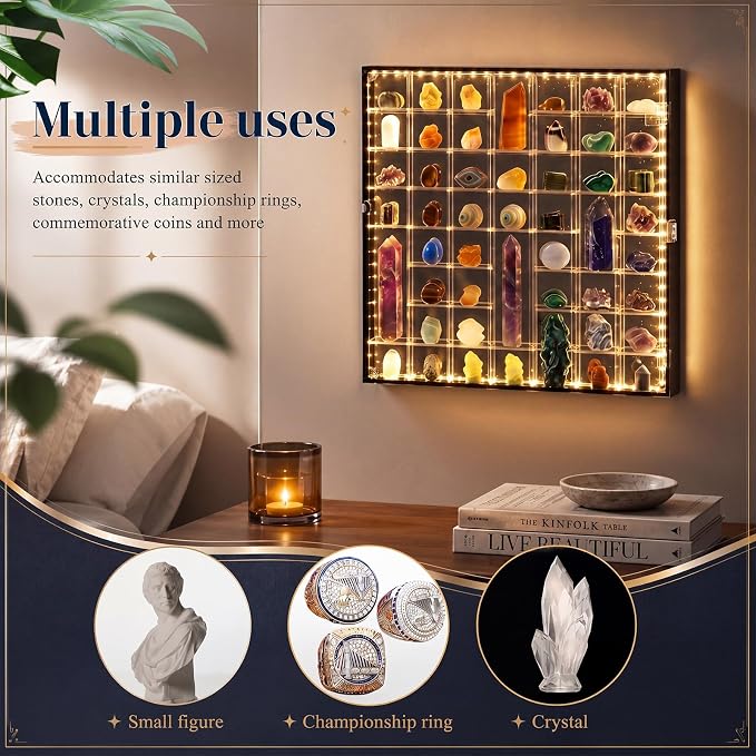 Cinnvoice Rock Display Case 56 Grids,Black Border with LED,Square | Adjustable Acrylic Display Case, Crystal Organizer for Collectible, with Built-in Mirrored, Magnetic Door, Wall Mount