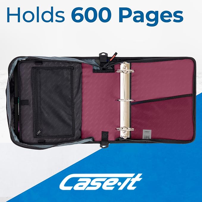 Case-it School Zipper Binder | 3" O-Rings | 600-Sheet | D-146 Red Burgundy | Mighty Zip Tab, 5-Subject Expanding File Folder, Multiple Pockets, Storage Organizer, Shoulder Strap, Office