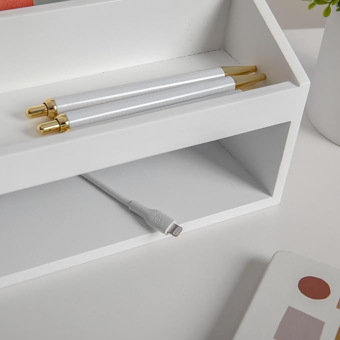 Martha Stewart Weston Wood Desktop Organizer, White | Open Lower Storage, Engineered Wood, Multipurpose