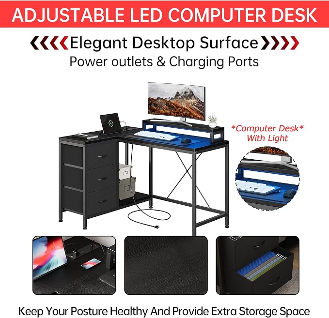 Hetoy L-Shaped Gaming Desk with Power Outlets, Corner Desk with Drawers, Shelves & LED Lights, Computer Desk for Home & Office