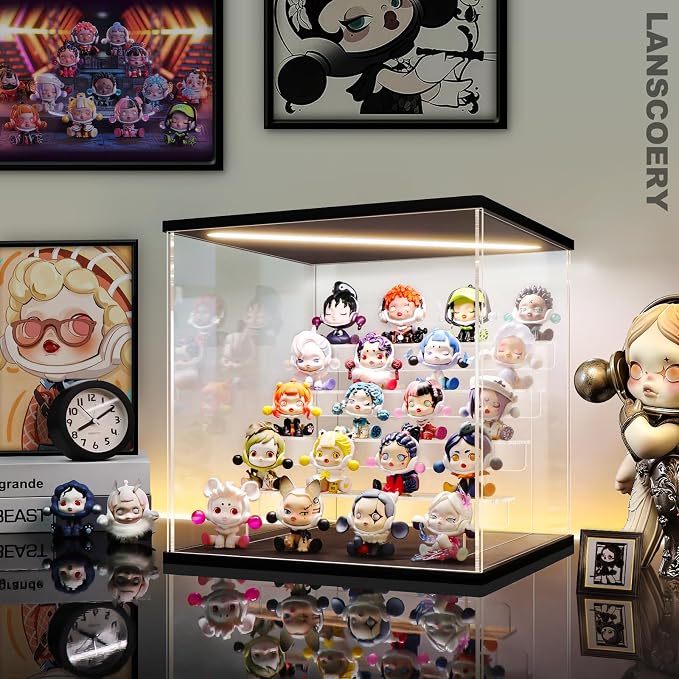 LANSCOERY Acrylic Display Case for Collectibles, 5-Tier LED Light, Black | 3mm clear acrylic panels with front door access and tri-color top light for small figures on a desk or shelf.