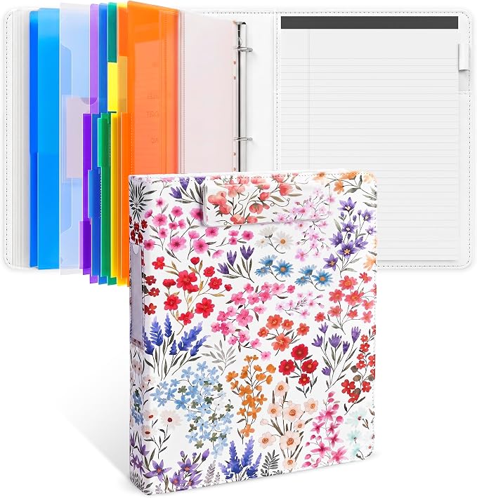 JoyCat 3 Ring Binder Clipboard with Storage, 5 Folders, Flower | 3 ring clipboard portfolio combines five expandable folders, a refillable letter-size notepad and storage