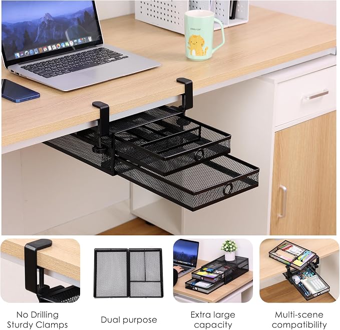Under Desk Drawer, Clamp on Desk Organizer Slide Out Table Storage No Drill | 2Tier Under desk drawer: clamp on desk organizer, under desk drawer slide out, hanging desk organizer, no drill table storage