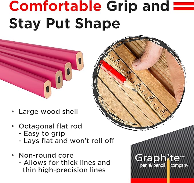 GRAPHITE Hard Lead Carpenter Pencils Bulk - (72) Pieces Lumber Wooden Pencil #2 (HB) - Neon Pink