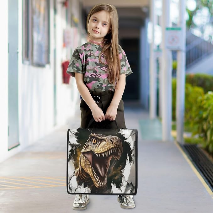 3 Ring Zipper Binder Dinosaur Binder Organizer Portfolio with File and Shoulder Strap & Handle Large Capacity File Folder