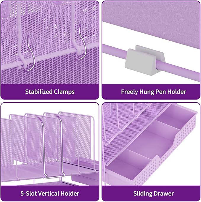 LEKETREE Desk Organizer, Office Organization with Vertical File Holder, File Organizer with Drawer and Pen Holder, Desk Accessories and Workspace Organizers for Home Office (Purple)