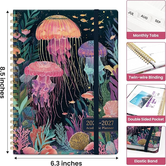 Taja Planner 2026-2027, Jul 2026-Jun 2027 Monthly & Weekly Calendar Planner | 6.3" x 8.5", Hardcover Academic Calendar, Teacher Student Agenda Book with Tabs, School Office Supplies, Jellyfish