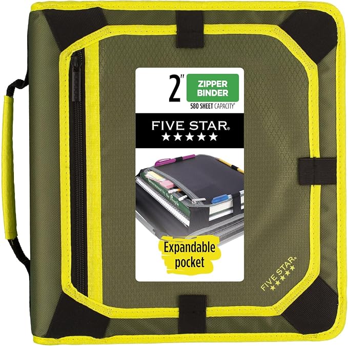Five Star Zipper Binder, 2 Inch 3-Ring Binder with Round Rings, Expansion Panel and 5-Tab Expanding File, 580 Sheet Capacity, Olive/Citrus (290520C)