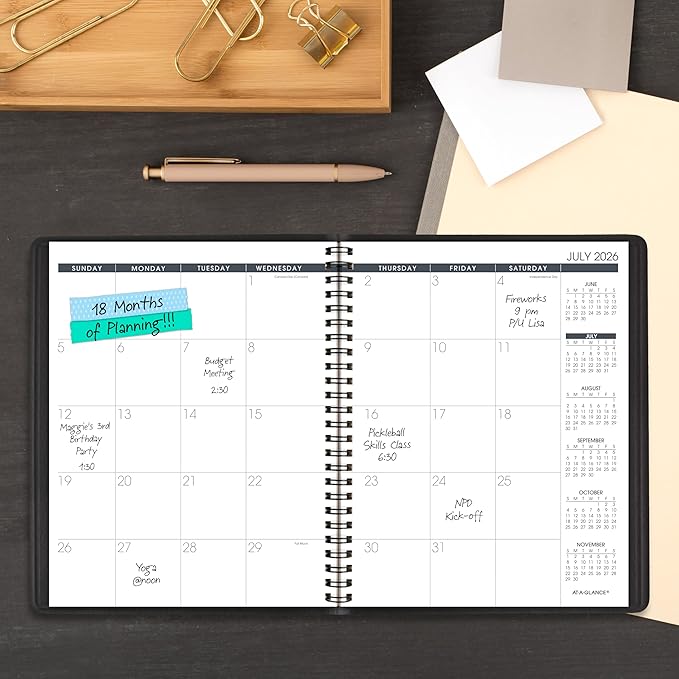 AT-A-GLANCE Planner 2026-2027 Monthly Academic 18-Month July-December Calendar Notebook, 7" x 8-3/4", Black (7012705)