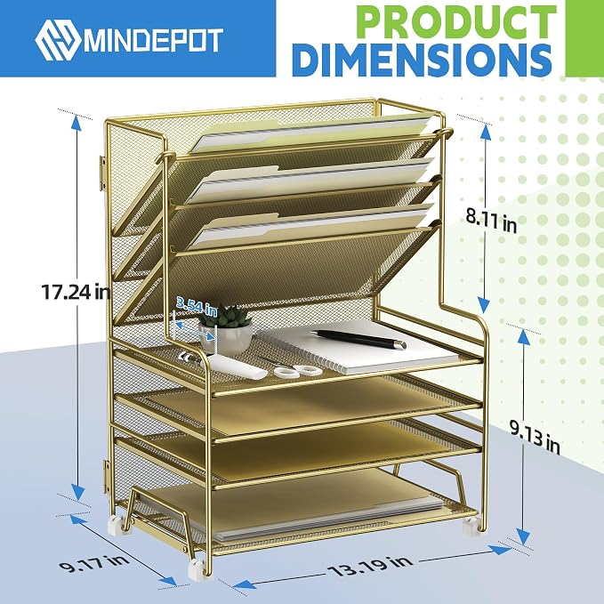 MINDEPOT 4-Tier Paper Organizer + 3-Pocket File Holder + Drawer + Pen Holders, Desktop File Organizers Paper Tray for Office Supplies School Classroom Organization (Gold, no Drawer & Pen Holder)