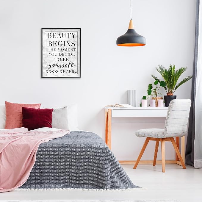 Stupell Industries Beauty Begins Once You Decide to Be Yourself White Marble Typography Wall Art, 24x30, Black
