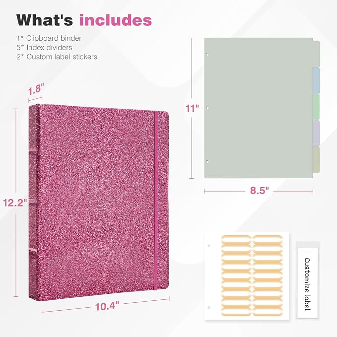 Ospelelf Vintage Hardcover 3 Ring 1 inch Leather Binder, Professional Binder Organizer Suitable for Letter Size, Binder Dividers with Tabs, Glitter Rose Pink