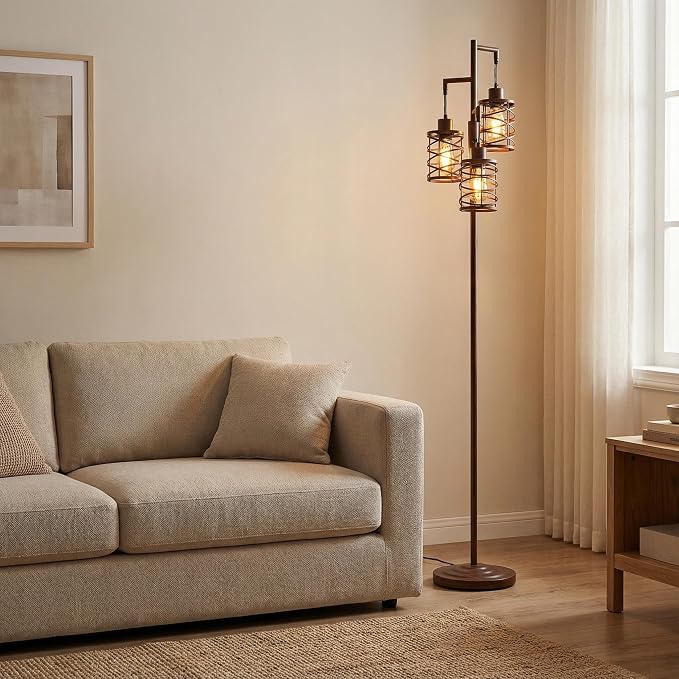 70" Industrial Floor Lamp, Stepless Dimmable Standing Lamp with 3 Bulbs, Farmhouse Corner Standing Tree Lamp for Living Room, Tall Lamps for Bedroom, Office, Study Room, Dining Room