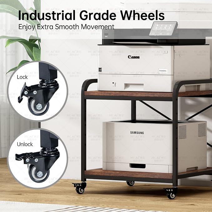 Fannova Large Size Under Desk Printer Stand, Height Adjustable Top Shelf | Table Top 20"x20", Fits 3D/Laser Printer, Heavy Duty Industrial Wheels, 2 Tier Rolling Cart Home Office Storage, Rustic Brown