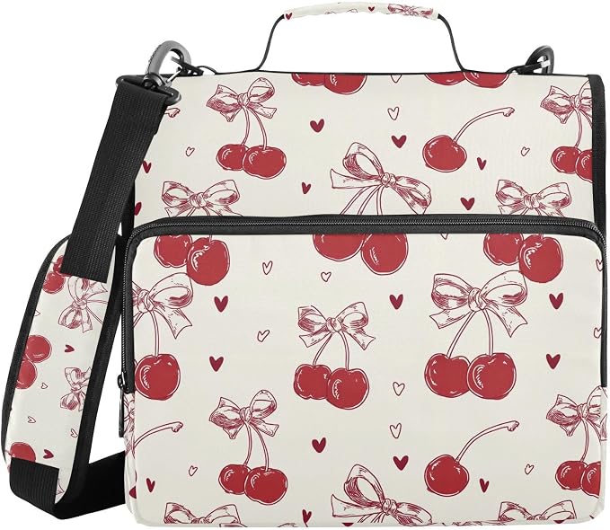 3 Ring Zipper Binder with Shoulder Strap Red Bow Cherry Love 2 Inch Zippered Binder Bag 500 Sheet Capacity Multi Pockets for School Supplies