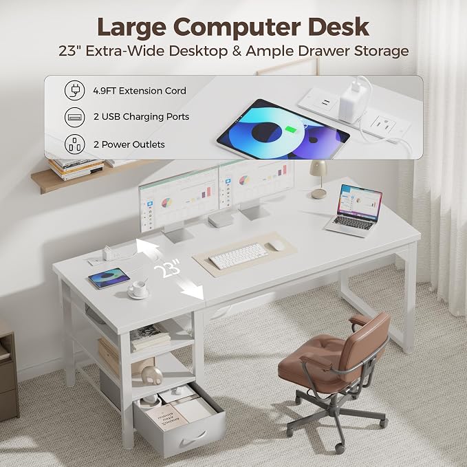 54" Computer Desk with Drawer, 1.2" Thick Reversible Office Desk | Modern Writing Table with Power Outlets & Storage Shelves, Heavy Duty Industrial Executive Desk for Home Bedroom Study Work