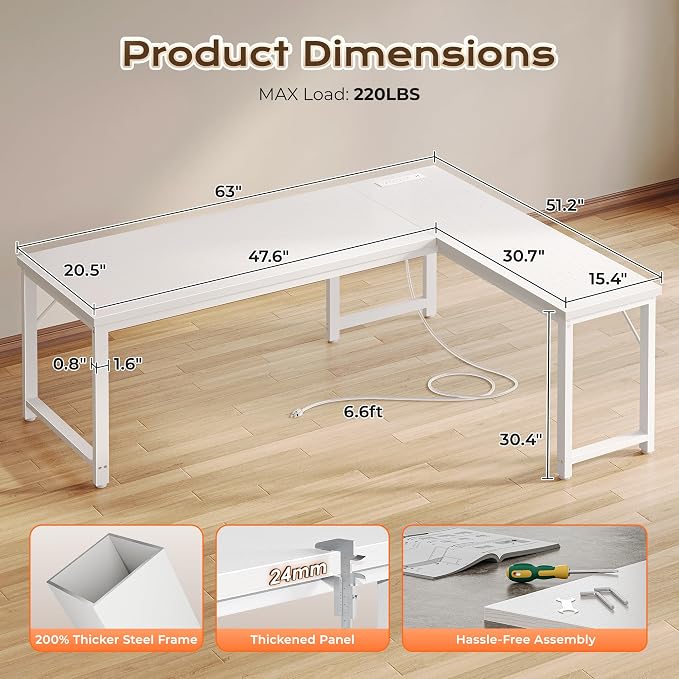 Huuger 63 Inch L Shaped Desk with Power Outlets & 0.95 Inch Thicker Desktop | Reversible Computer Desk, Larger Office Corner Gaming Desk, Metal Frame, for Home Office, Study, White