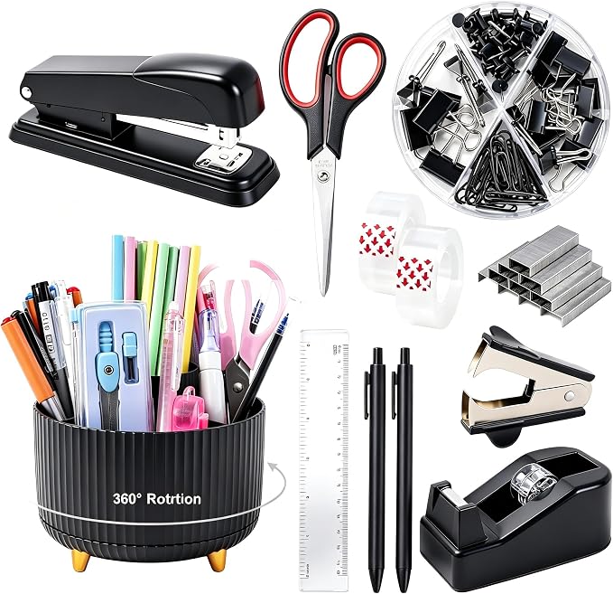 Gawsey Black Desk Organizers and Accessories with Desk Organizer 360° Rotating Pen Holder and Office Supplies, Cute Stationery Supplies Set